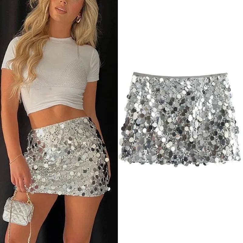 Mini-jupe femme taille haute à paillettes argentées - ACB-PARIS